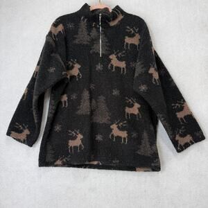 Alias Sweater Womens Large Black Fleece 1/4 Zip Reindeer Trees Mock Neck cabin